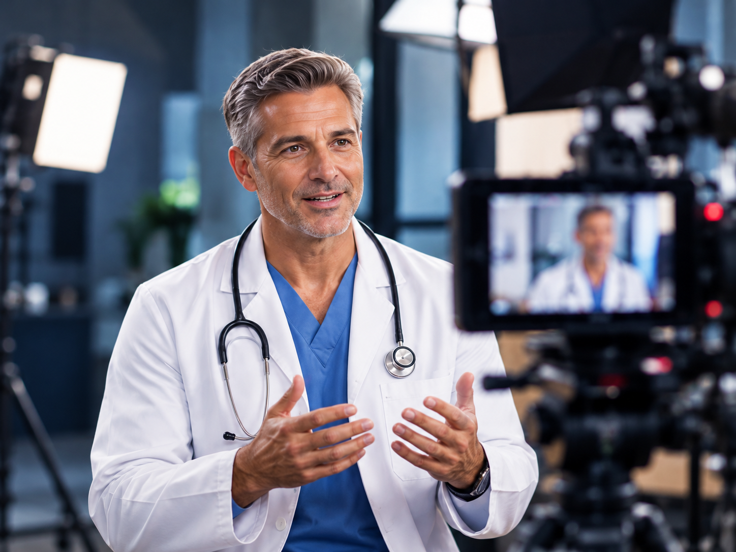 Concept physician presenting to a camera